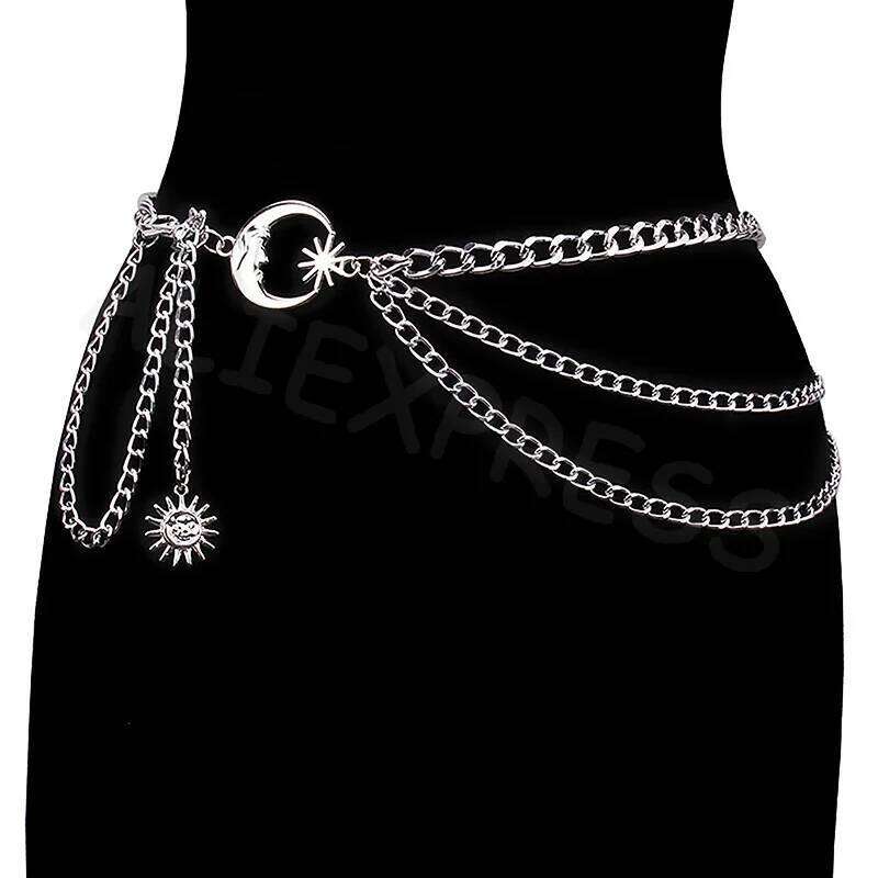 1Pc Hip Hop Punk Style European American Fashion Accessory Moon & Sun Crescent Multi-Layer Metal Chain Waist Belt H260228