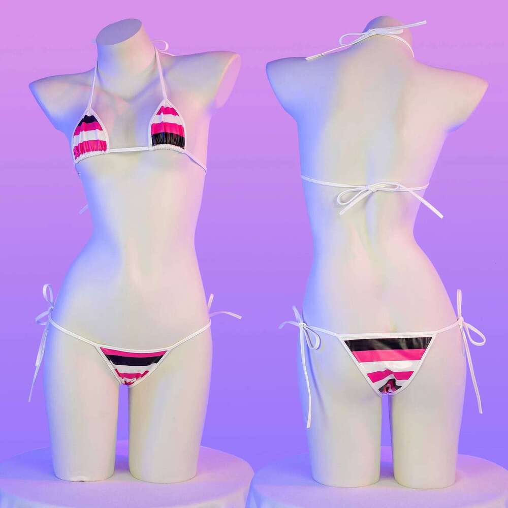 Classic Stripes Print Leather Bikinis Set New Sexy Bandage Swimsuit Women Beachwear Summer Swimwear High Cut Bathing Suit Z260301