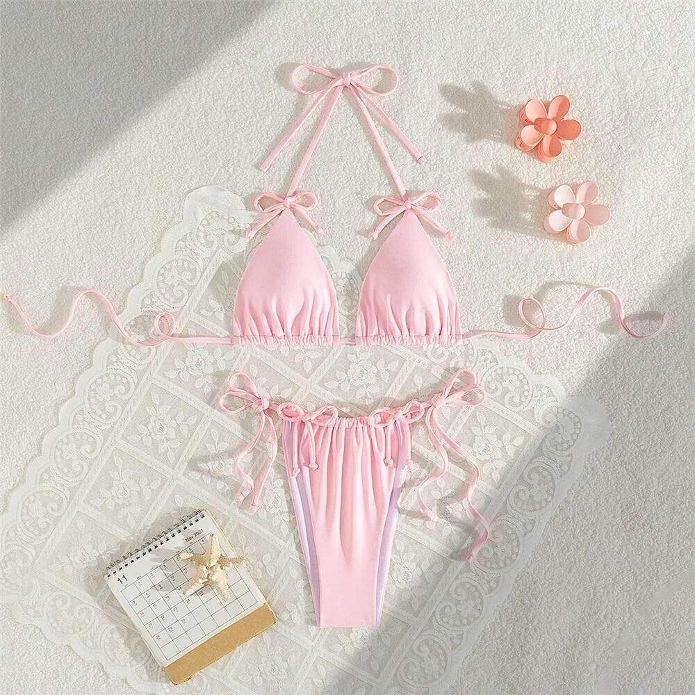 Pink Bow Swimwear String Halter Triangle Micro Bikini Thong Sexy Swimsuit Women Lace-up Wrinkled Bathing Suit Mini Bikinis Sets Z260301