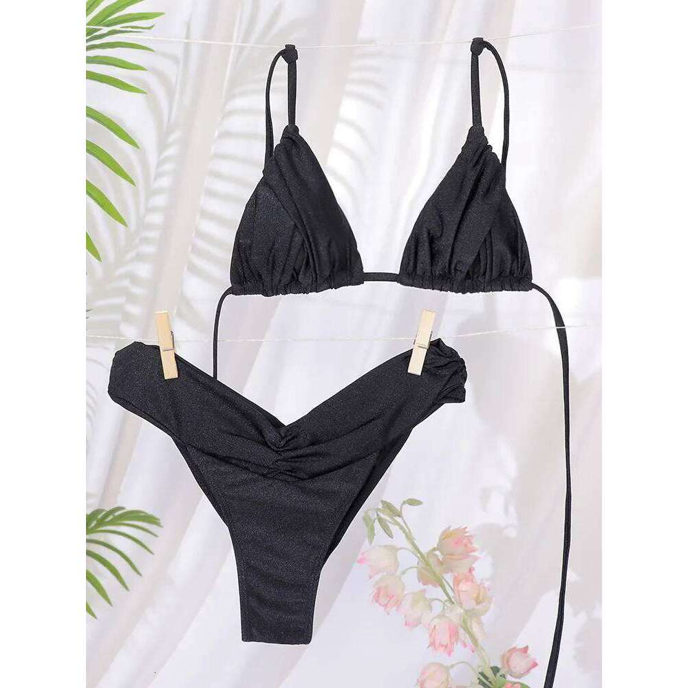 Miyouj Glitter Fabric Bikinis 2025 Sexy Bikini Set Folds Swimsuit Female Halter Bathing Suit Women Swimwear New Beachwear Z260301