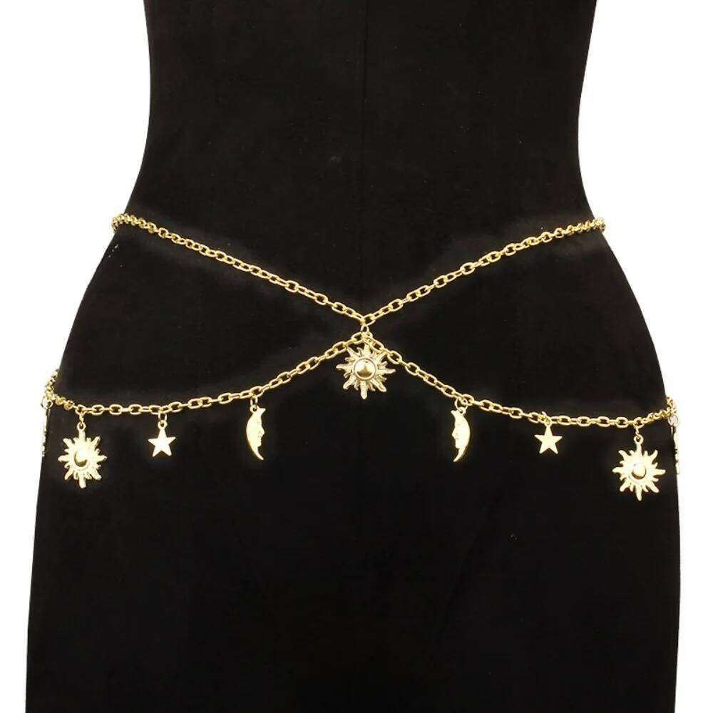 Vintage Sun Moon Stars Tassels Punk Waist Chain Retro Alloy Waistband Gold Sliver Dress Cummerbands for Women H260228