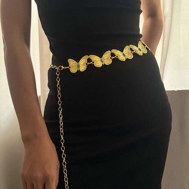 Vintage Female Waist Chain Belt Punk Y2K Sapphire Metal Belts For Women Butterfly Luxury Golden Waistband for summer Skirt Jeans H260228