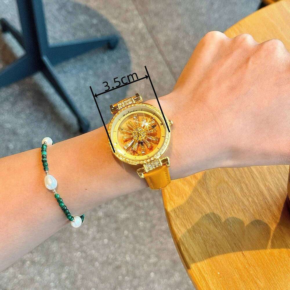 Fashionable Women's With Transparent Back, Diamond Inlaid, Rotating Galaxy Dial, Sunflower Design Waterproof Quartz H260228