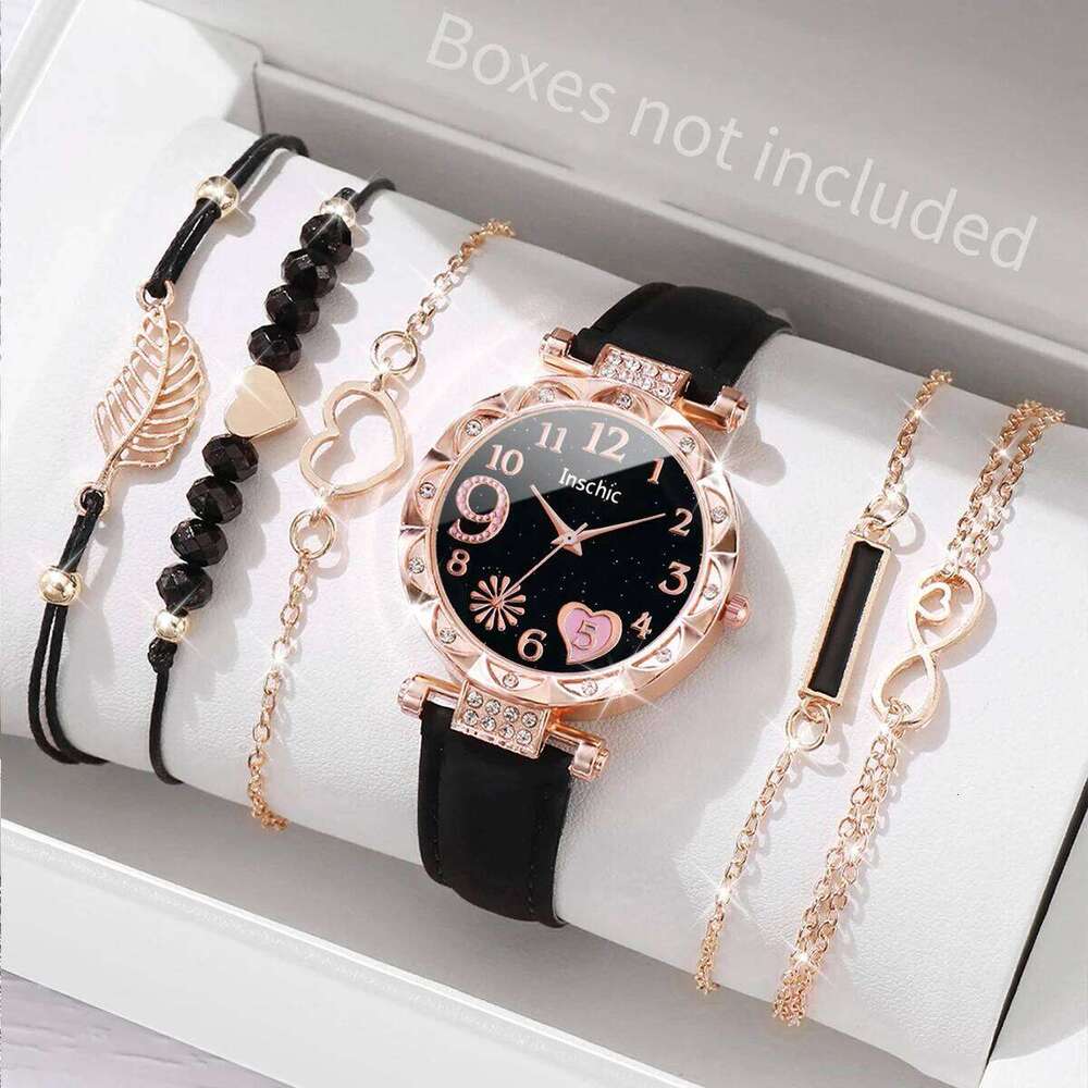 6PCS/Set Women es Fashion Rhinestone Heart Dial Quartz Leather Band Wristes s SetWithout Box H260228