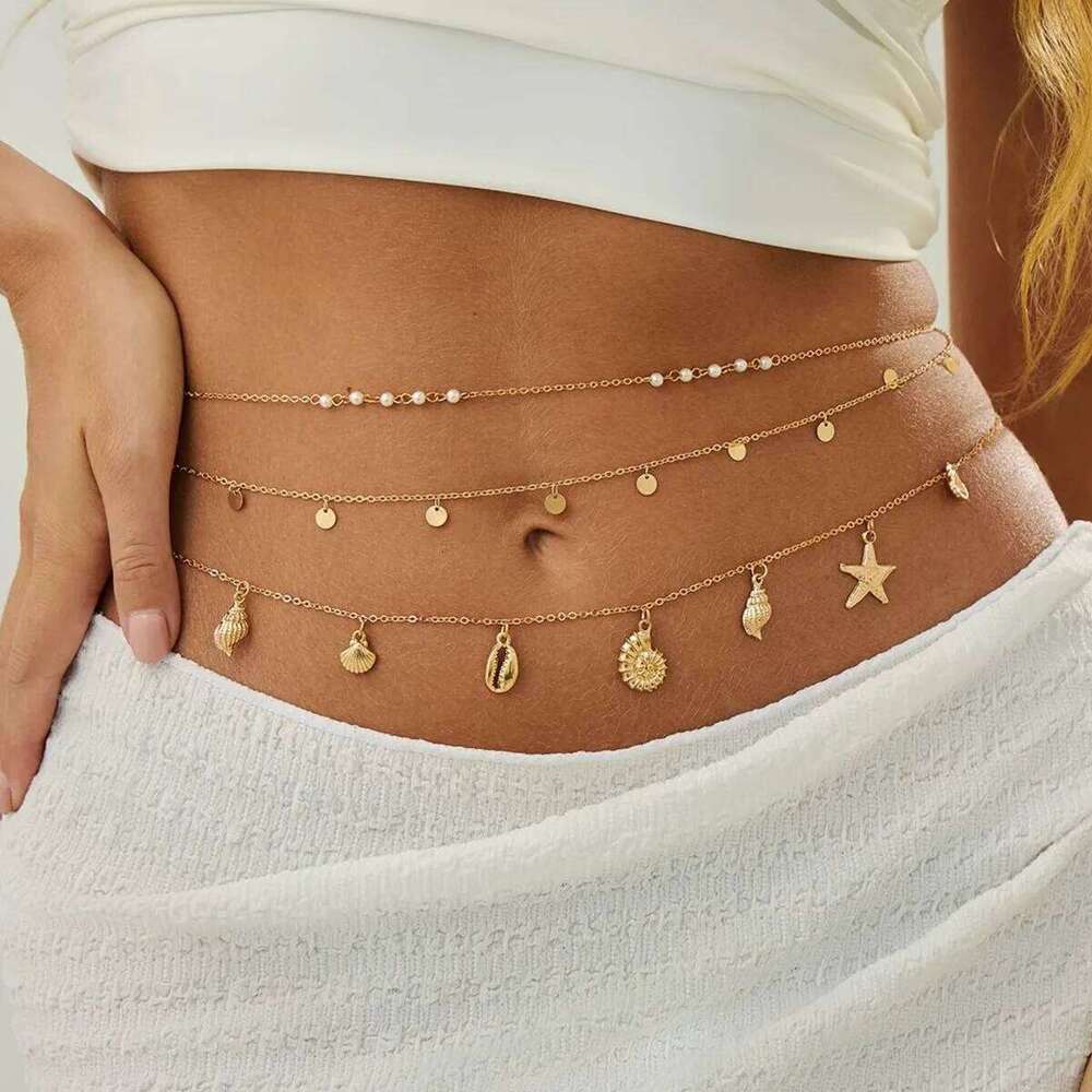 SHIXIN 3 Pcs/Set Boho Conch Starfish Tassel Pendant Waist for Women Sexy Bikini Multilayer Belly Chain Summer Body Jewelry H260228