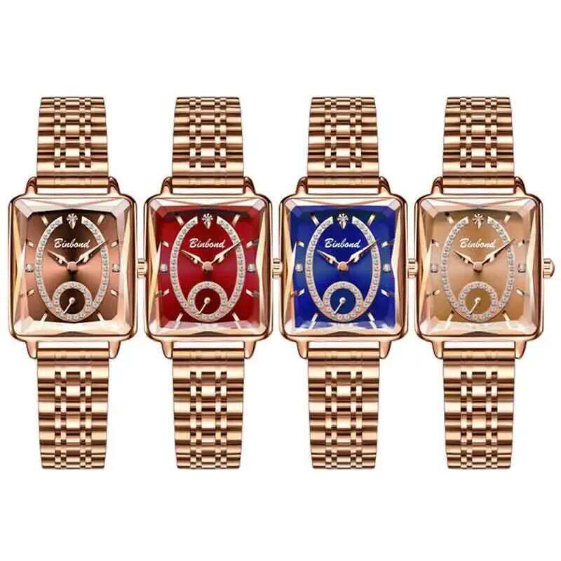 BINBOND Fashion Elegant Quartz High Quality Jewelry Design Waterproof Square Rose Gold Women H260228