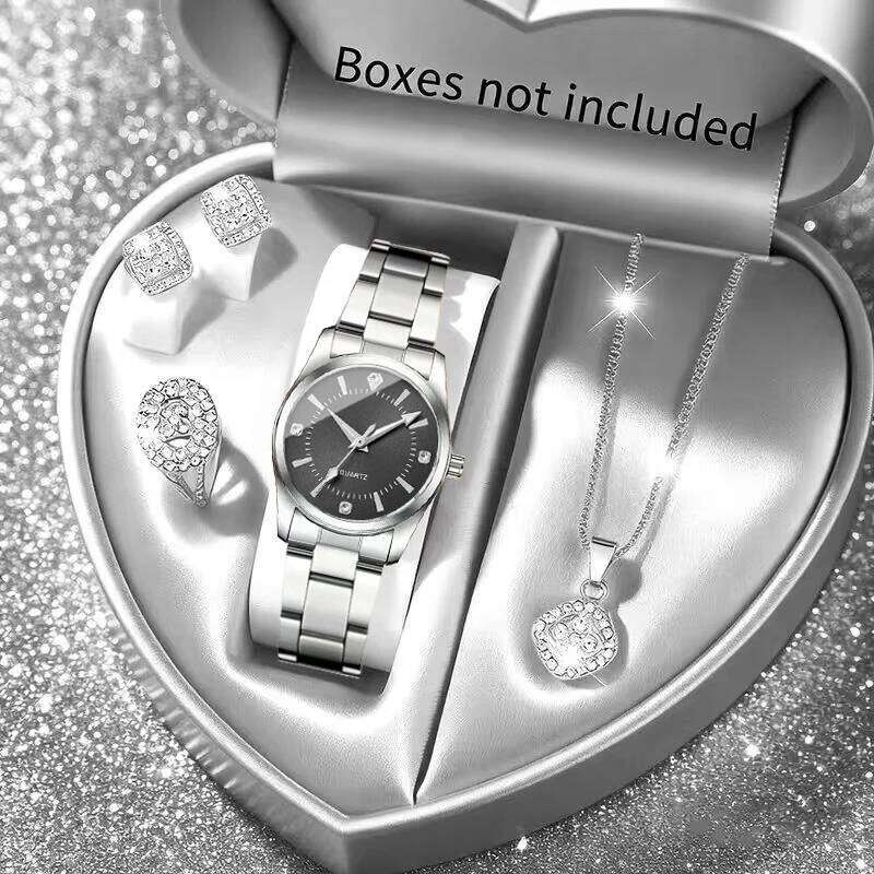 5PCS Fashion Rhinestone Women es Jewelry Set Stainless Steel Band Ladies Quartz Wrist Girls Clock Without Box H260228