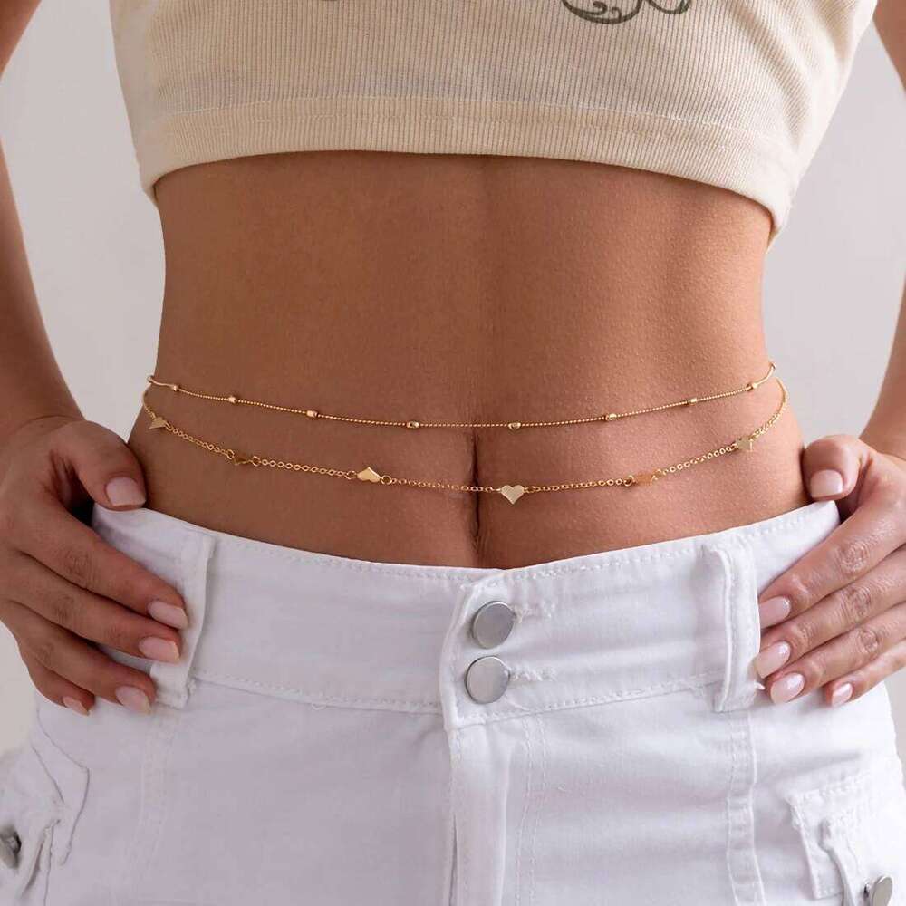 IngeSight.Z 2pcs/set Sexy Heart Copper Beads Belly Waist Women Punk Gold Color Metal Link Chain Body Jewelry H260228