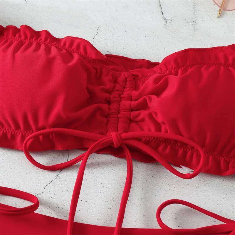 Sexy String Bikini 2024 Red Off Shoulder Swimsuit Female Swimwear Women Thong Bikinis Set Bather Swimming Beachwear Bathing Suit Z260301