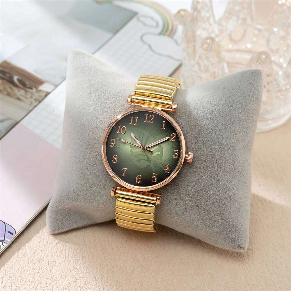 Minimalist Digital Leaf Pattern Women's Quartz Fashion Gold Stretch Classless Strap Ladies Dress Clock Wristes H260228