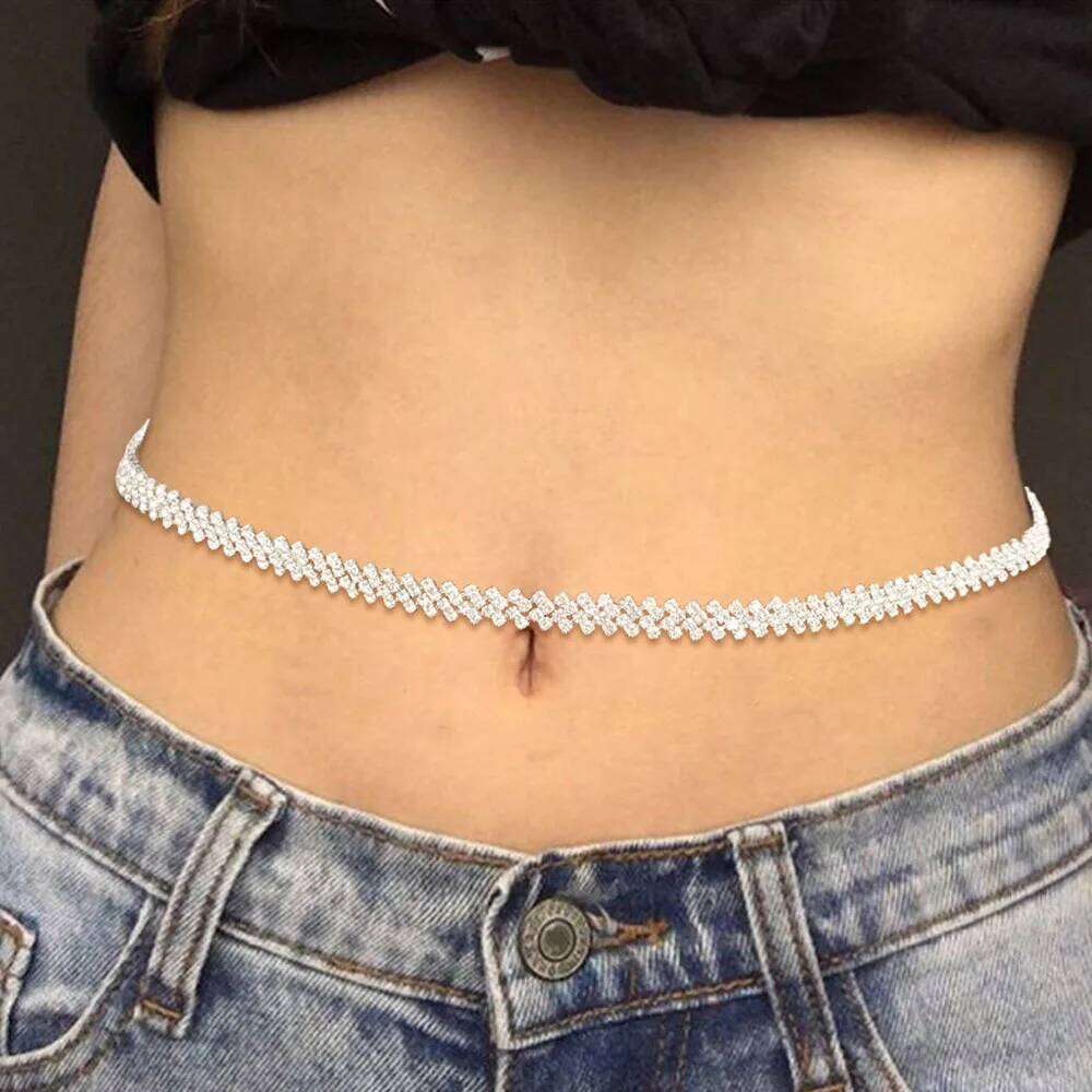 Rhombus Chunky Rhinestone Belt Body for Women Sexy Shiny Crystal Belly Chain Waist Jewelry Bikini Gift H260228