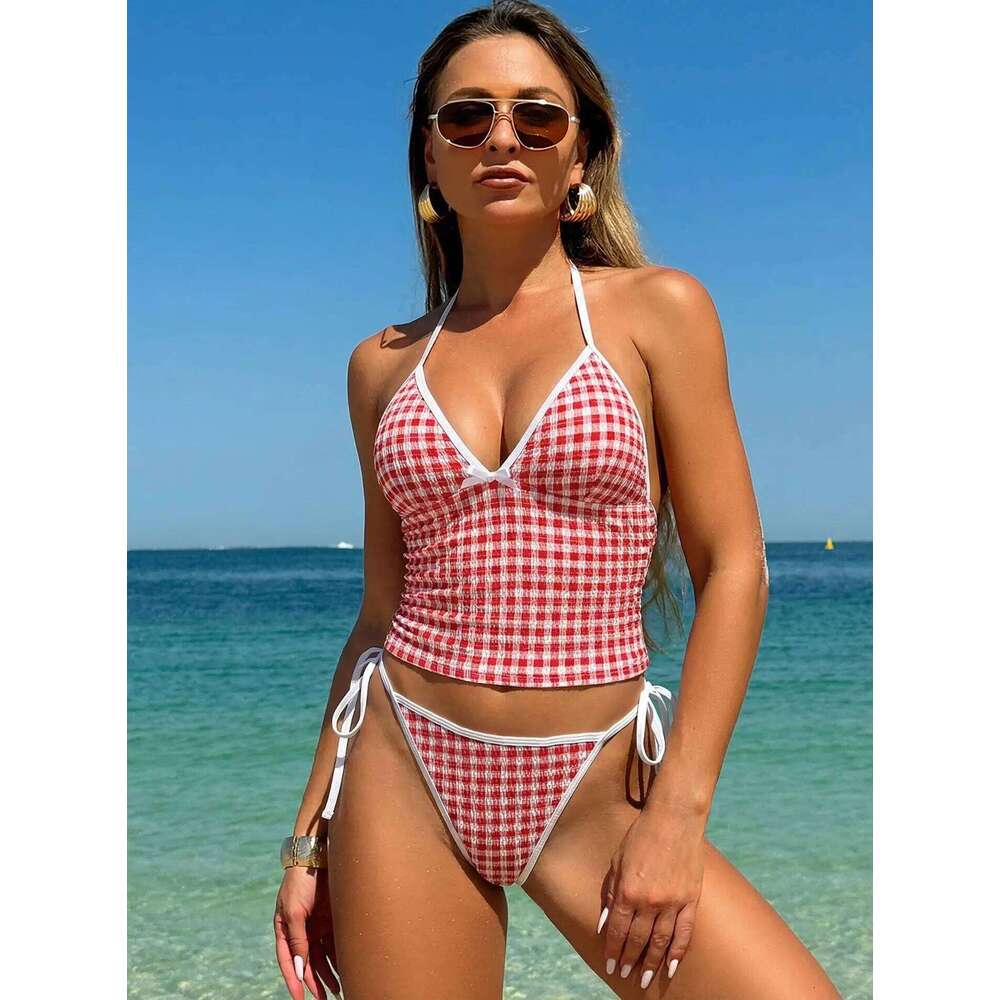 2026 New Retro Plaid Bikini Set High Waist Sexy Halter Triangle Top & Adjustable Side Tie Bottom Swimsuit for Women Two Pieces Z260301