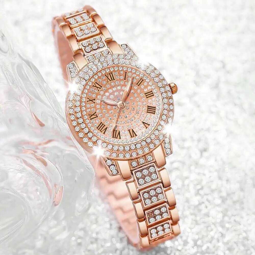 4 Pieces Fashionable Women's with Rhinestone Roman Numbers Round Dial Quartz Perfect Gift Set H260228