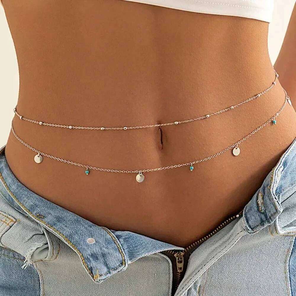 New Charm Sexy Double Layer Green Stone for Women Waist Bead Chain Belly Belt Summer Beach Body Jewelry Accessories H260228