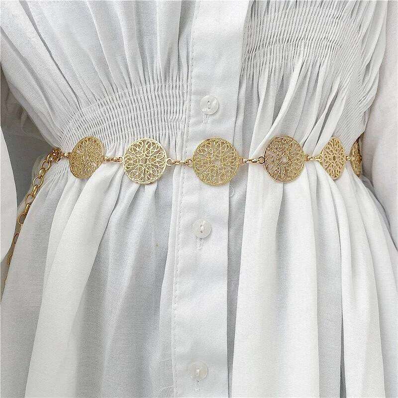 Elegant Round Metal Belt For Women Retro Gold Silver Carved Hollow Out Chain Long Belts Fashion Dress Decorative Lady Waistband H260228