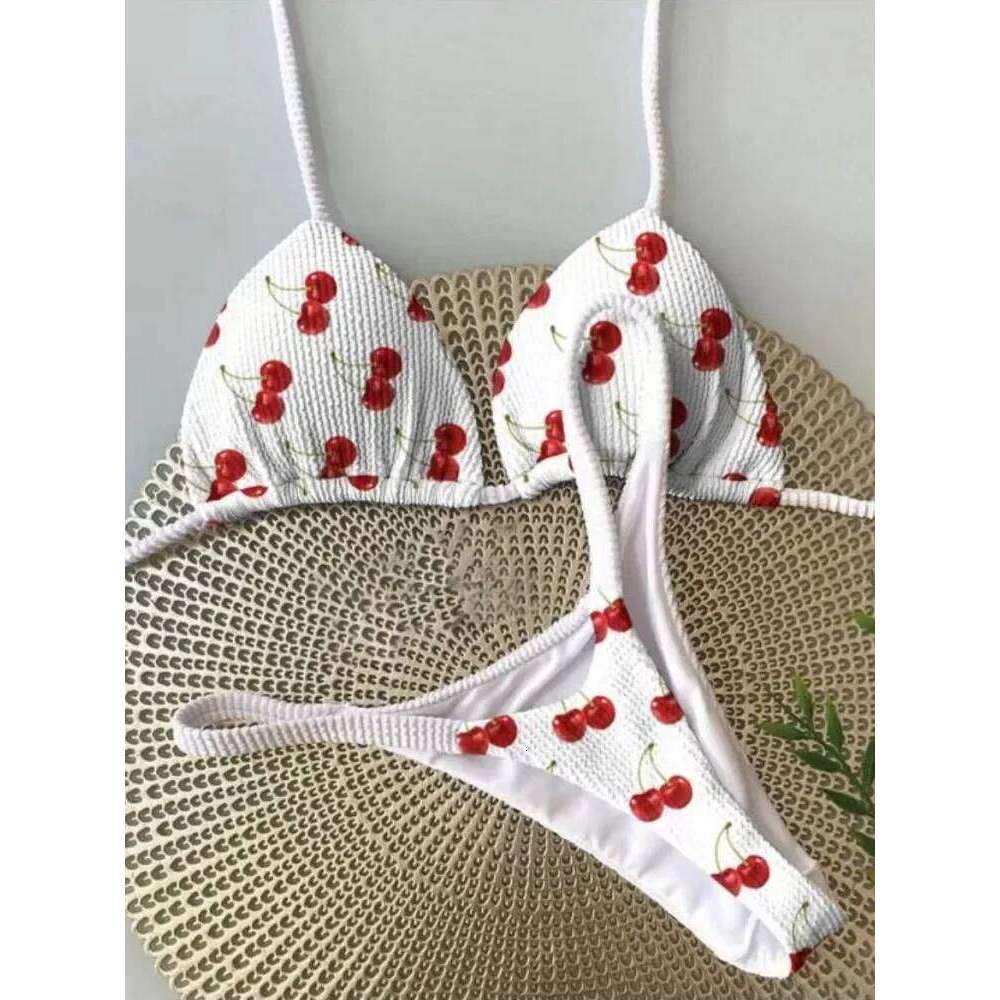 2024 brazilian bikini women suit, beach fashion, sexy thong swimsuit, cute cherry print Z260301
