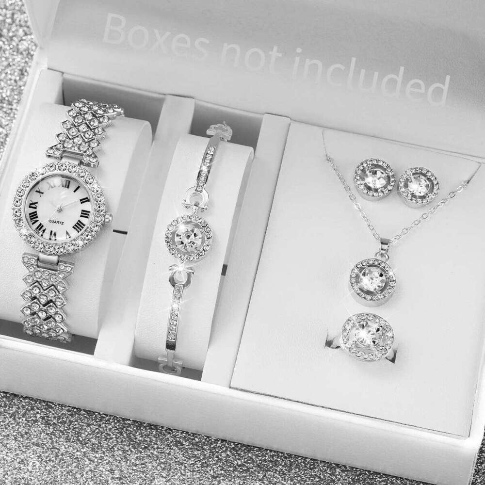 6PCS/Set Luxury Rhinestone Women's Silver Band Ladies Roma Dial Quartz Jewelry SetWithout Box H260228
