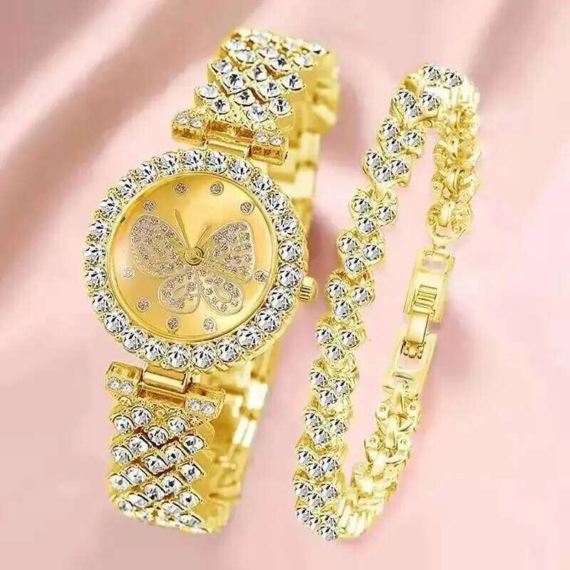 2PCS/Set Luxury Rhinestone Butterfly Dial Women es Fashion Ladies Quartz Wrist Set H260228