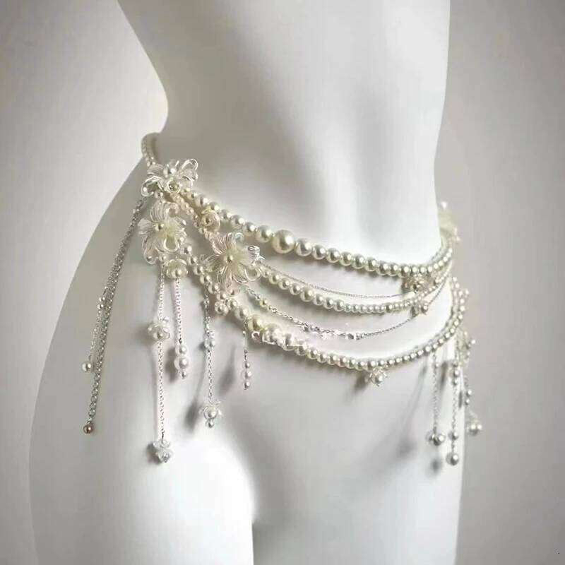 Elegant Pearl Waist Chain with Multi-Layer Flower Tassel; Unique Gift for Women and Girls H260228