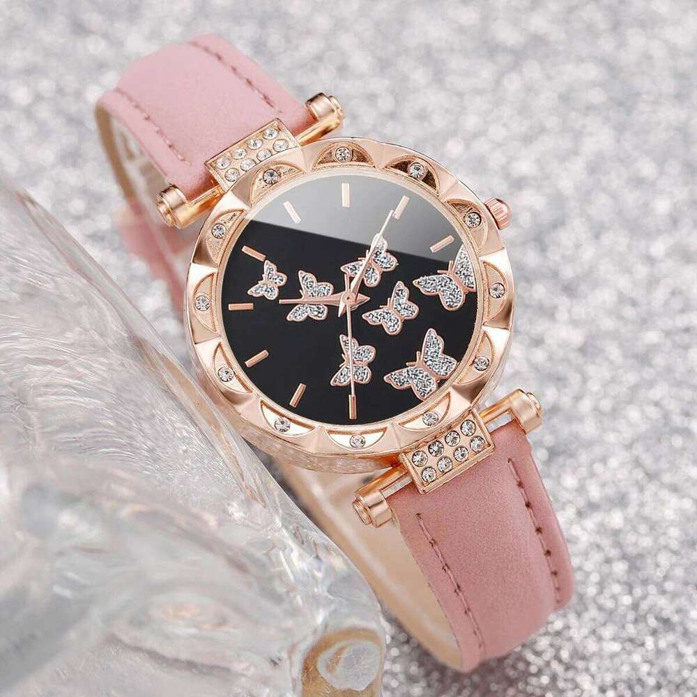 Women Fashion Butterfly Rhinestone Dial Wrist Ladies Casual Leather Strap Quartz Relogio FemininoWithout Box H260228
