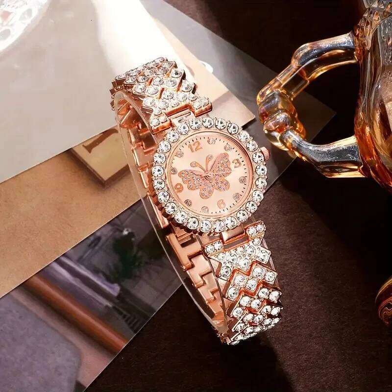 5PCS Fashion Rhinestone Butterfly Dial Women Quartz Elegant Ladies Wrist Jewelry Set Reloj MujerWithout Box H260228
