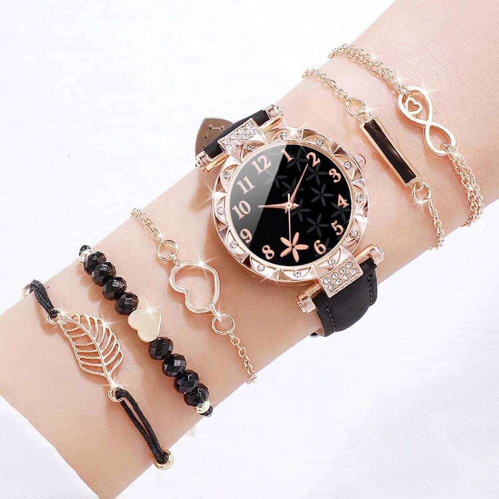 6PCS/Set Women's Casual Flower Quartz Analog PU Leather Wrist & s H260228