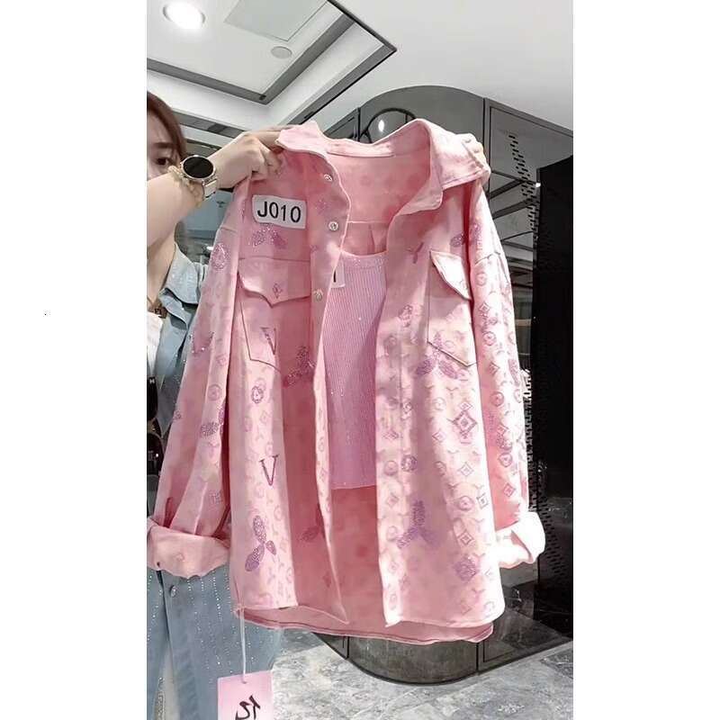 Heavy-Duty Rhinestone Pink Lapel Style New Denim Shirt Jacket Women, 2025 Spring/Summer New Casual Cardigan For Petite Women