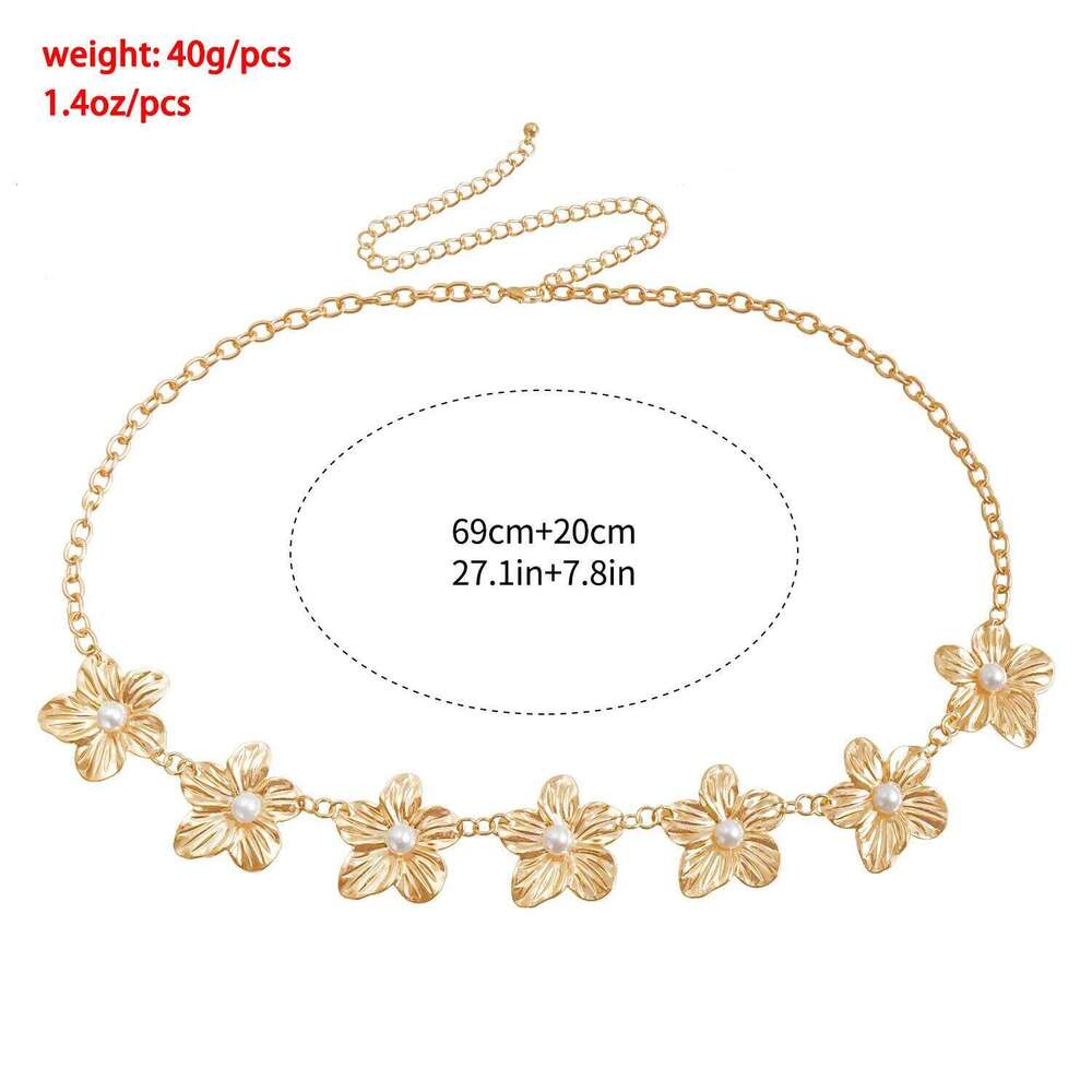 European American Fashion Minimalist Faux Pearl Metal Flower Pendant Waist Personalized Versatile Women's Body Chain H260228