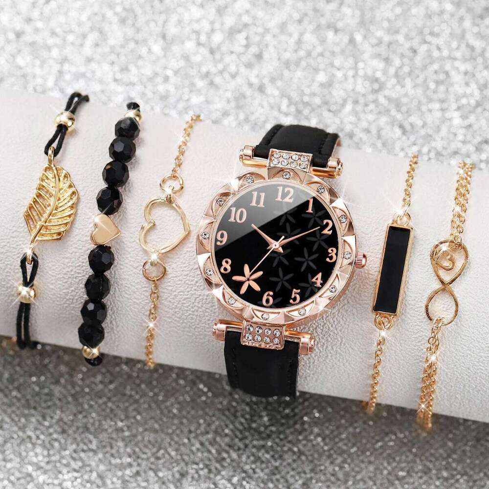 6PCS/Set Women's Casual Flower Quartz Analog PU Leather Wrist & s H260228