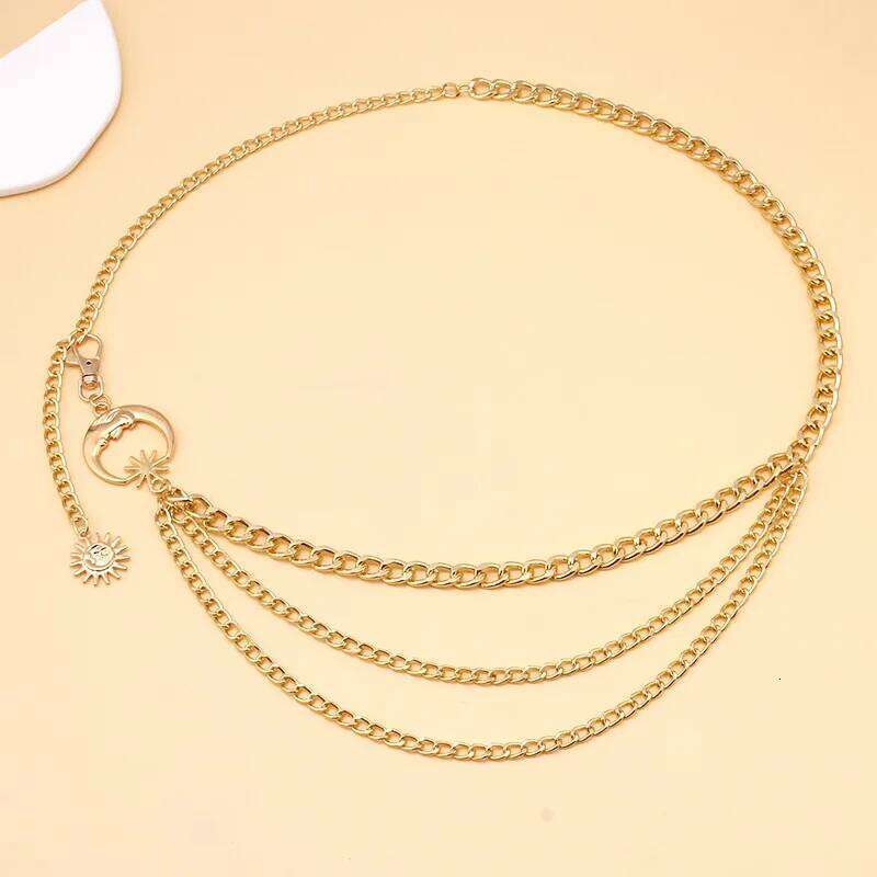 European and American Fashion Moon Multi-layer Metal Waist Belt Hip-hop Punk Sun Crescent Body Chain Statement Jewelry H260228