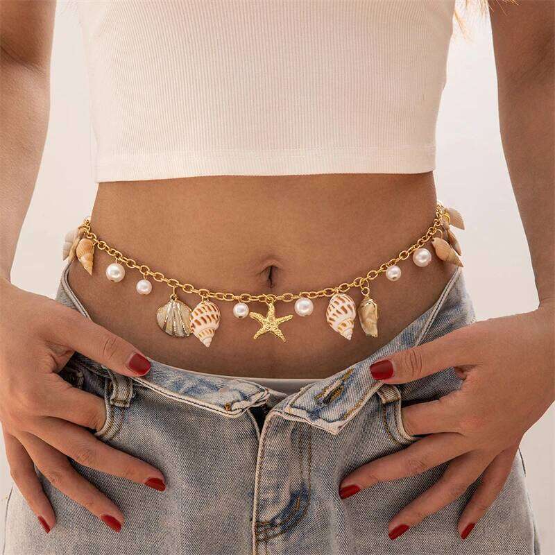 Beach Vacation Style Shell Starfish Imitation Pearl Waist Chain for Women Tassel Conch Pendant Body Belt Bikini Jewelry Gift H260228