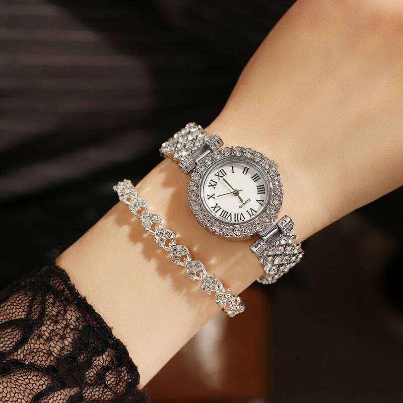 2PCS Women's Fashion Rhinestone Ladies Analog Quartz es Set Reloj Mujer Girls Clock Gift Relogio Feminino H260228
