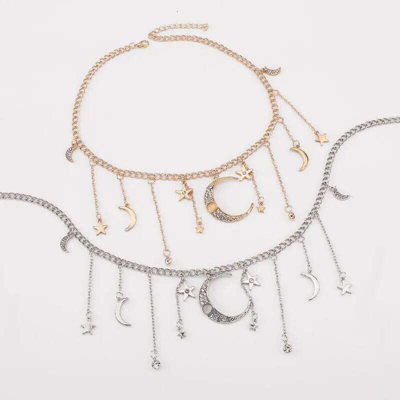 Summer Fashion Star Moon Tassel Waist for Women Sexy Rhinestone Belly Chain Beach Bikini Jewelry Body Decoration H260228