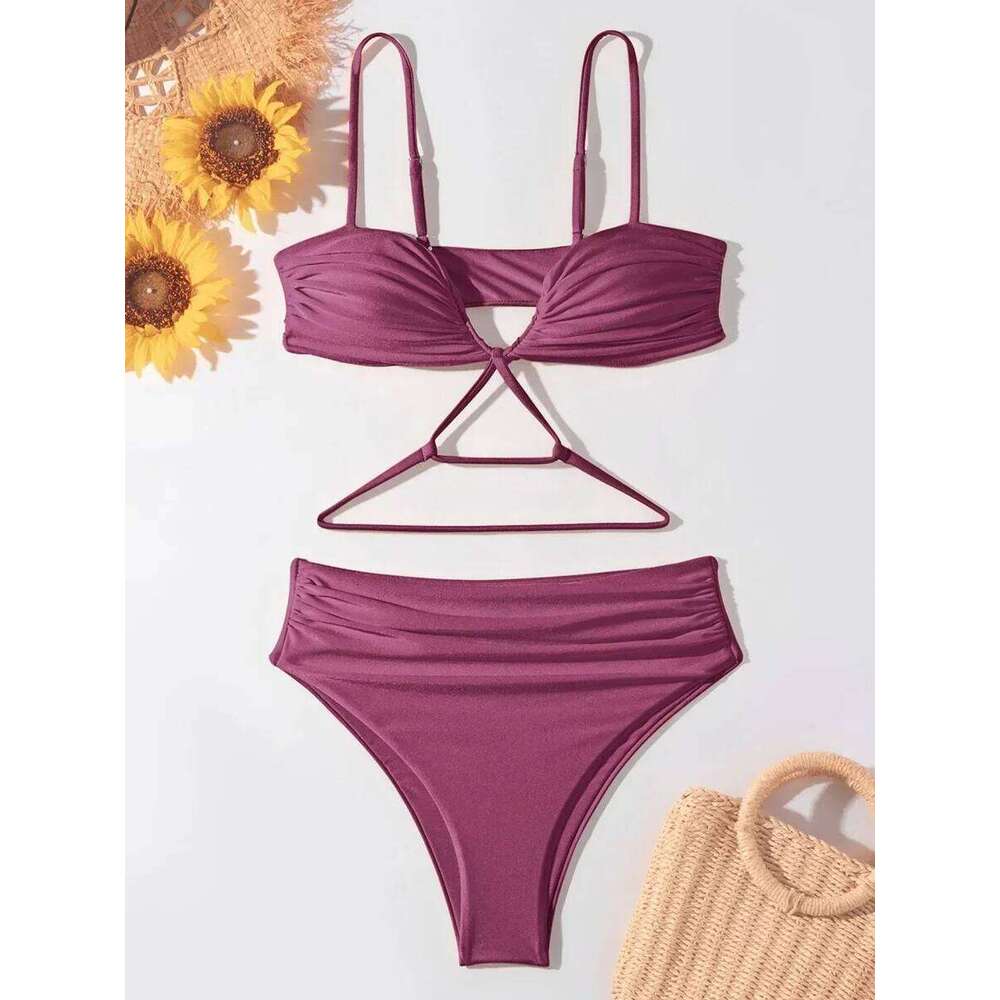 V Neck Wrinkled Stain Bikinis Female Swimsuit High Waist Women Swimwear Two-pieces Bikini Set Bather Bathing Suit Swim Z260301