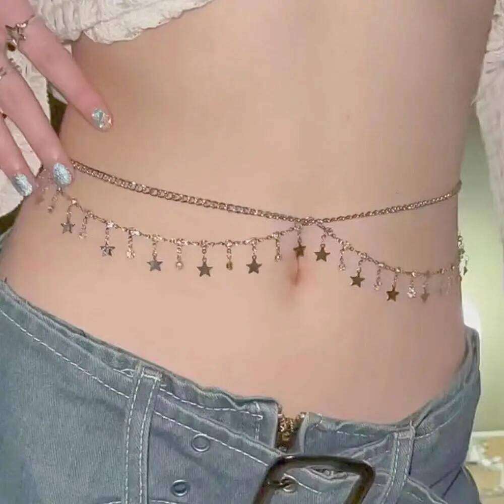 Sexy Rhinestone Star Tassel Pendant Waist Belly Belt Chain For Women Summer Bikini Rave Body Jewelry Y2K Accessories H260228