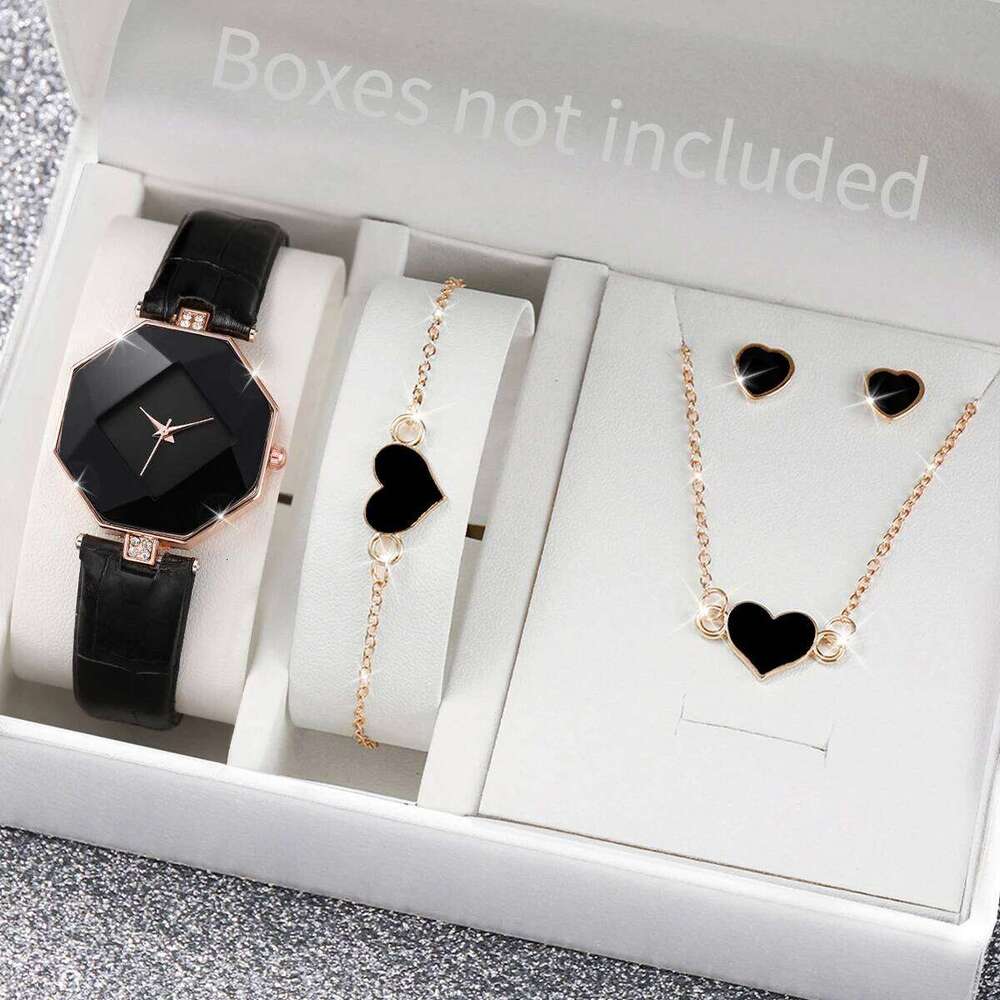 5PCS/Set Women's Fashion Leather Band Analog Quartz es Heart Jewelry SetWithout Box H260228