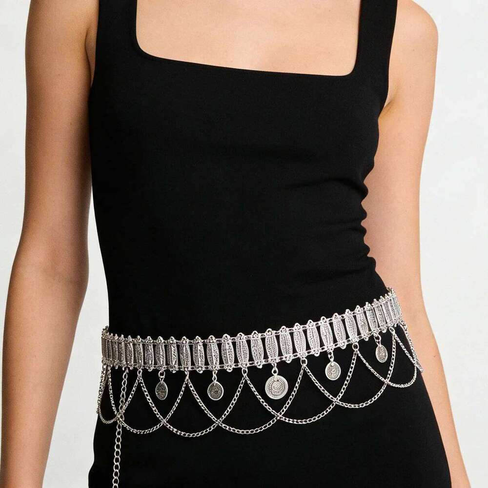 Vintage Zinc Alloy Antique Silver Waist Exotic Style Multi-layer Coin Pendant Body Chain Women Belt H260228