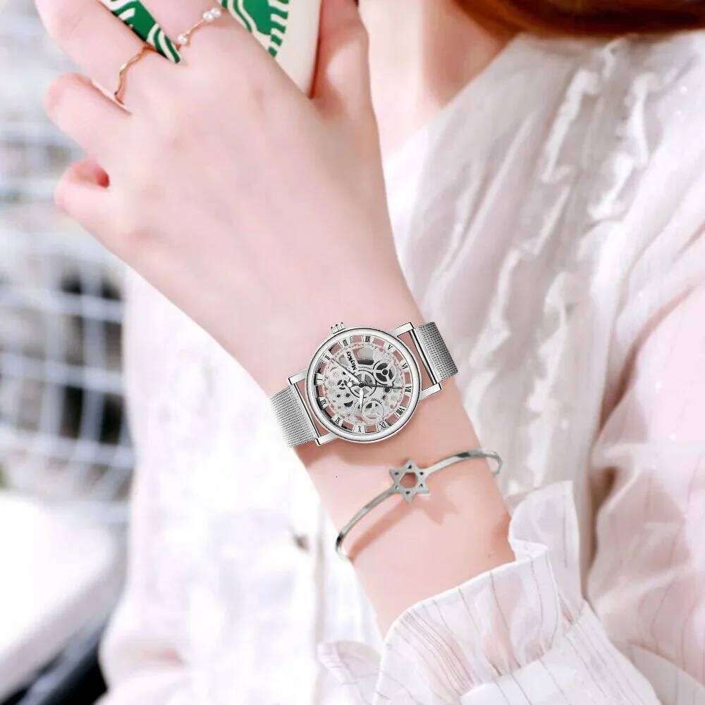 Fashion Top Women Hollow Skeleton Faux Mechanical Ladies Metal Mesh Quartz Wrist es For Female Relogio Feminino H260228