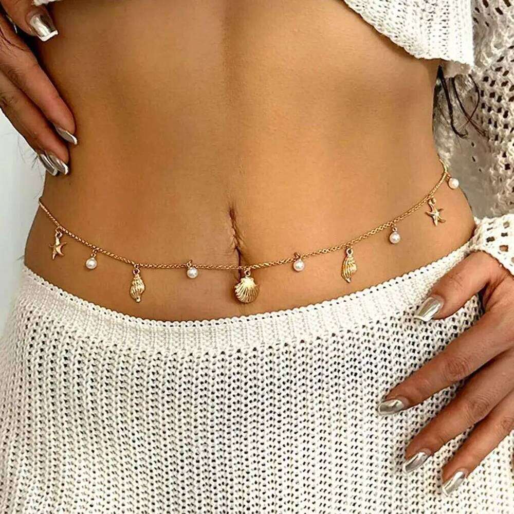 Summer Beach Charm Bikini Waist for Women Fashionable Imitation Pearl Starfish Shell Pendant Sexy Belly Chain Body Jewelry H260228
