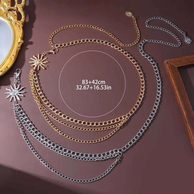 Exaggerated Metal Sun Tassel Waist for Women Trendy Gold Color Multi Layer Adjustable Body Chain Dress Jewelry Accessories H260228