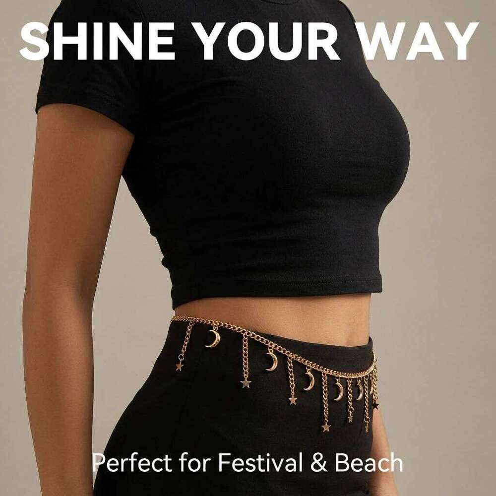 Fashion Gold Color Star Moon Pendant Waist for Women Sexy Metal Tassel Belly Belt Chain Beach Party Bikini Body Jewelry H260228