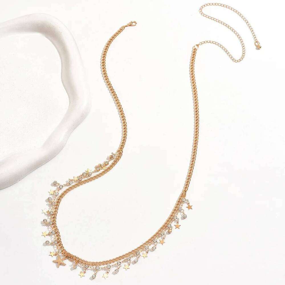 Sparkling Rhinestone Double Layer Body for Women Minimalist Star Pendabt Sexy Waist Link Chain Fashion Boho Beach Jewelry H260228