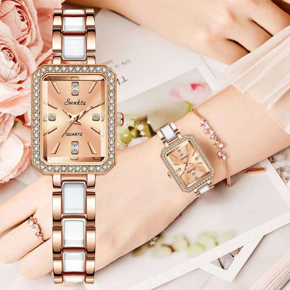 LIGE Luxury New Simple Square Full Diamond Digital Quartz e Gold Stainless Steel Women's Dress Clock H260228