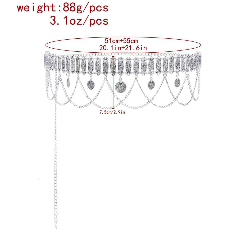 Vintage Zinc Alloy Antique Silver Waist Exotic Style Multi-layer Coin Pendant Body Chain Women Belt H260228