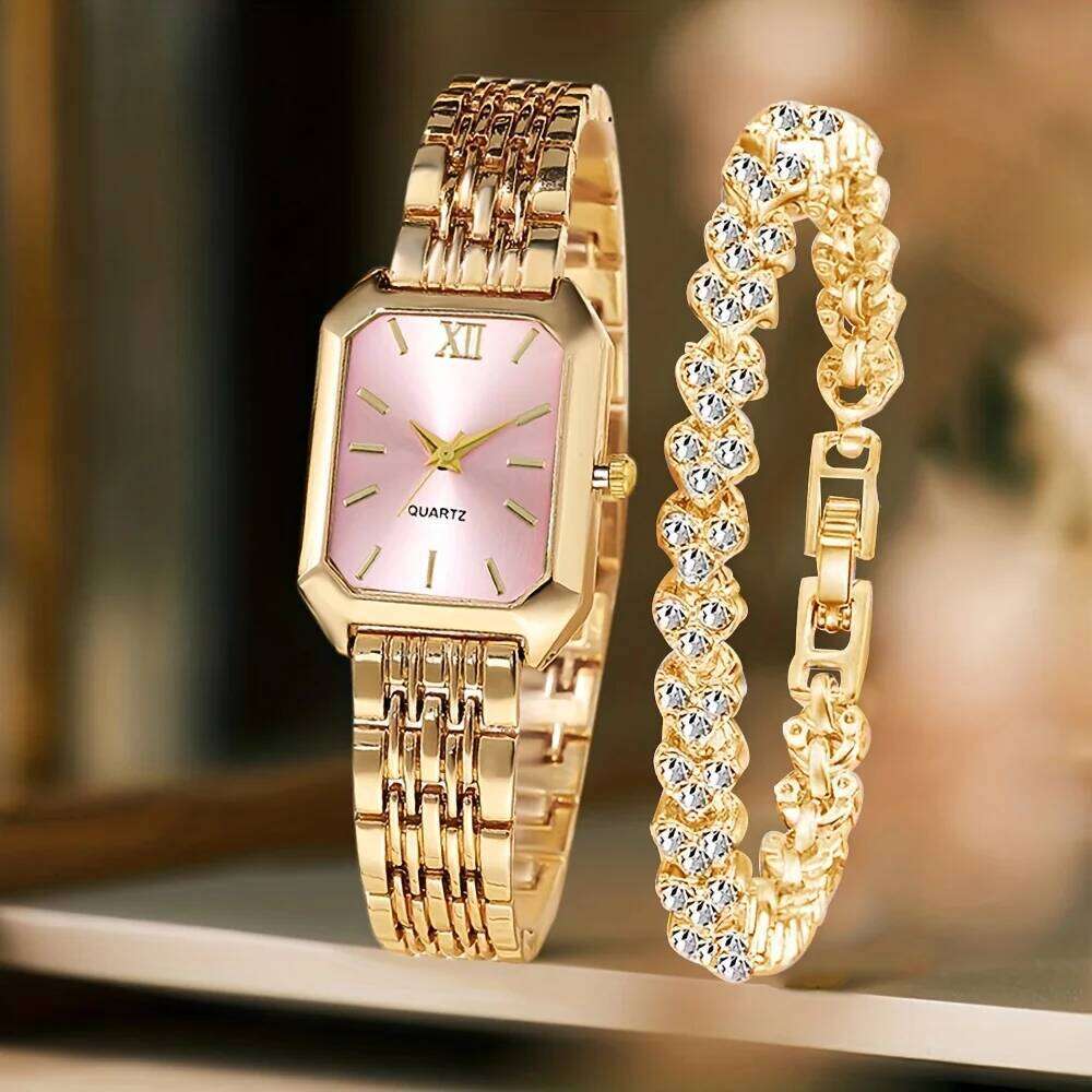 2PCS Fashion Rectangle Women Quartz Rhinestone Set Ladies Roma Dial Wrist Reloj Mujer Girls Clock Gift H260228