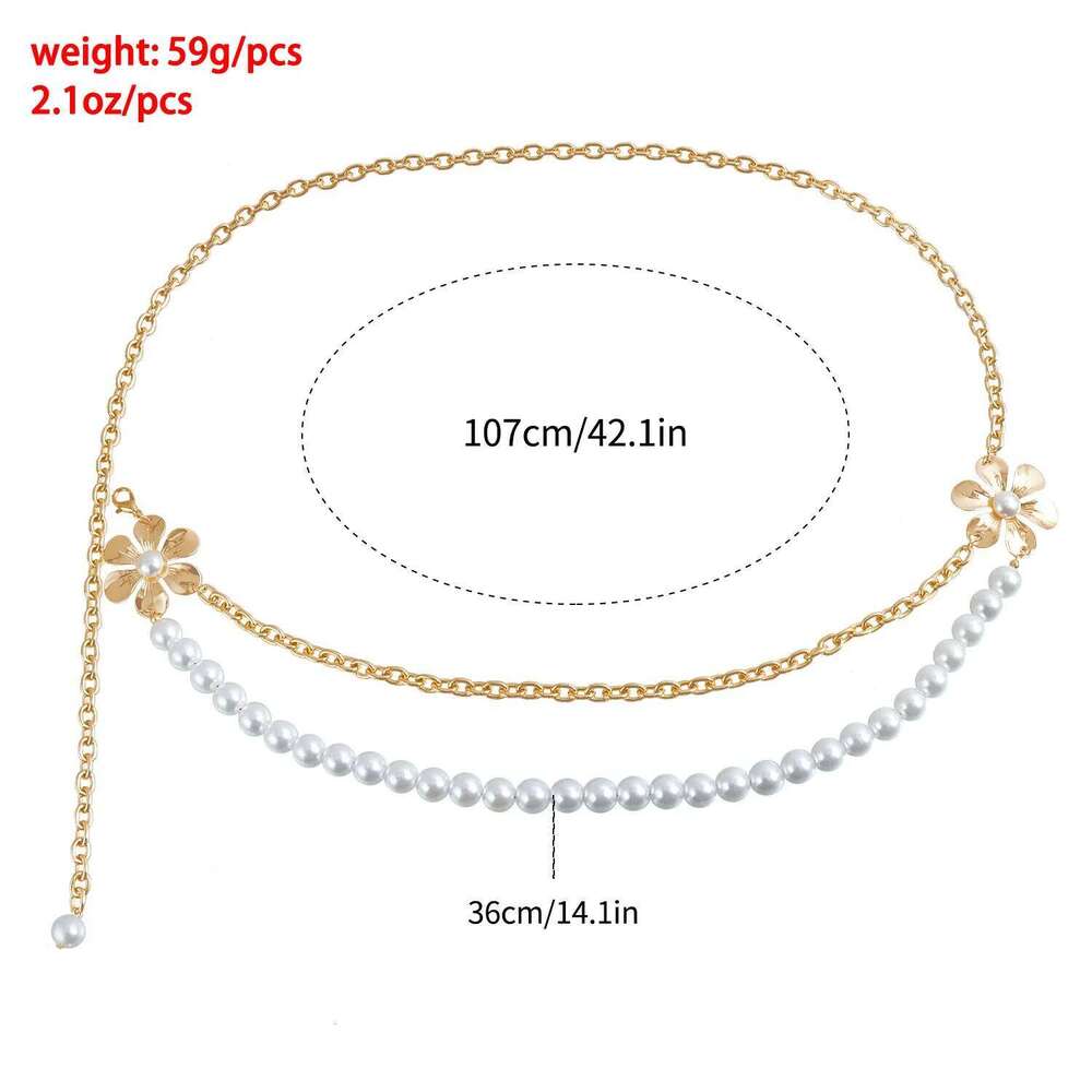 European American Fashion Double Layer Imitation Pearl Metal Camellia Waist For Women Personalized Minimalist Body Chain H260228