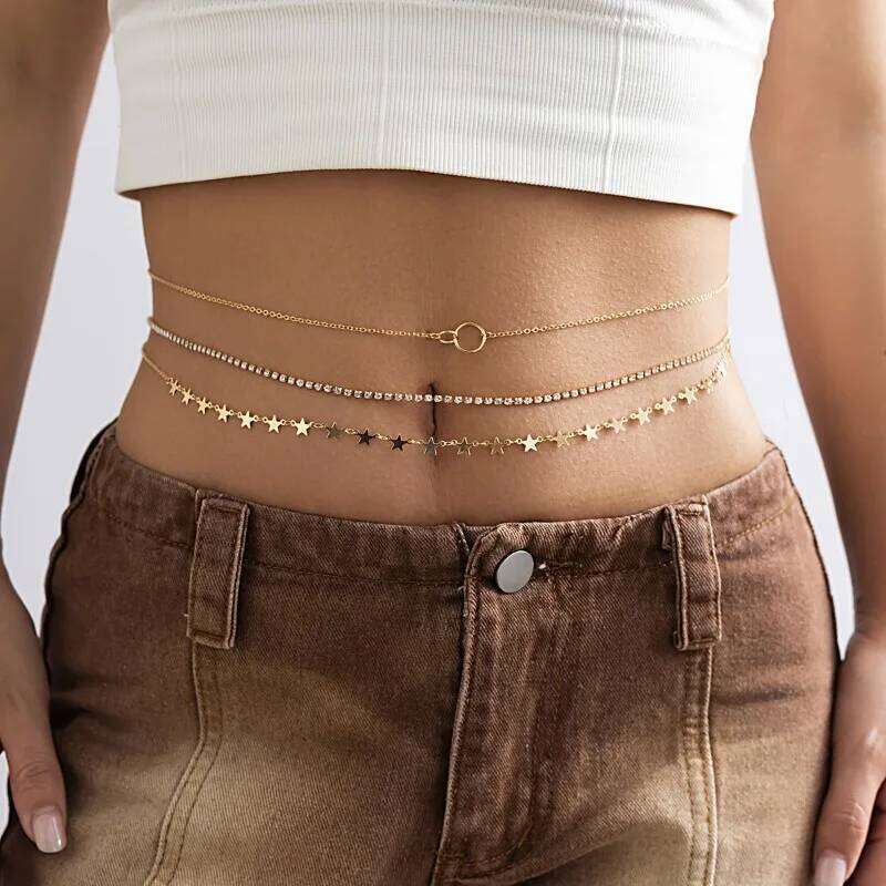 Women's Western Multilayer Fringe Glitter Sequins Metal Waist Chain Rhinestone Heart Slim Party Street Body Jewelry H260228