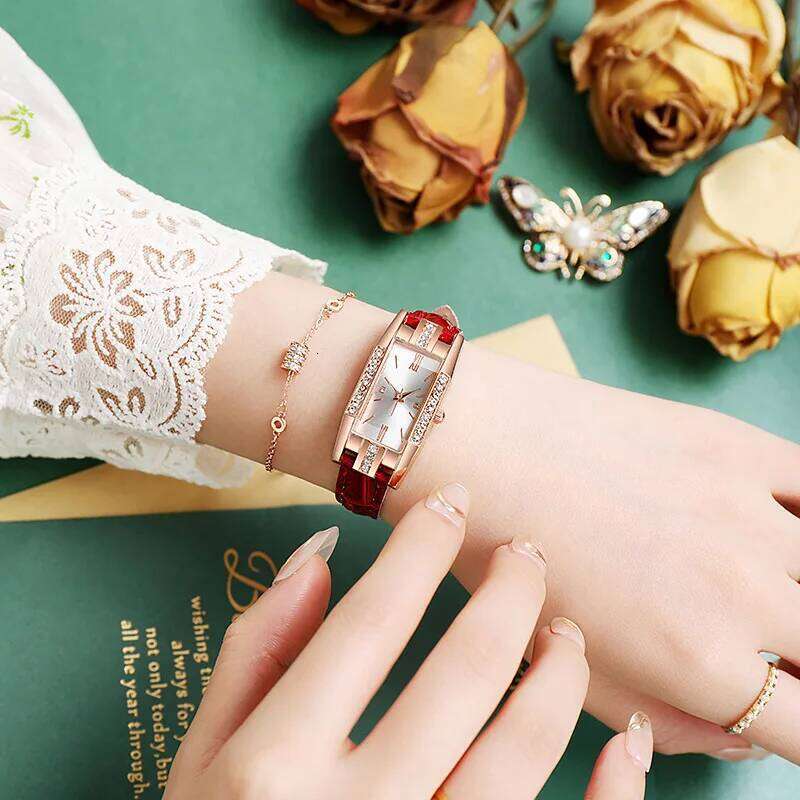 Women's square small green , diamond inlaid quartz H260228