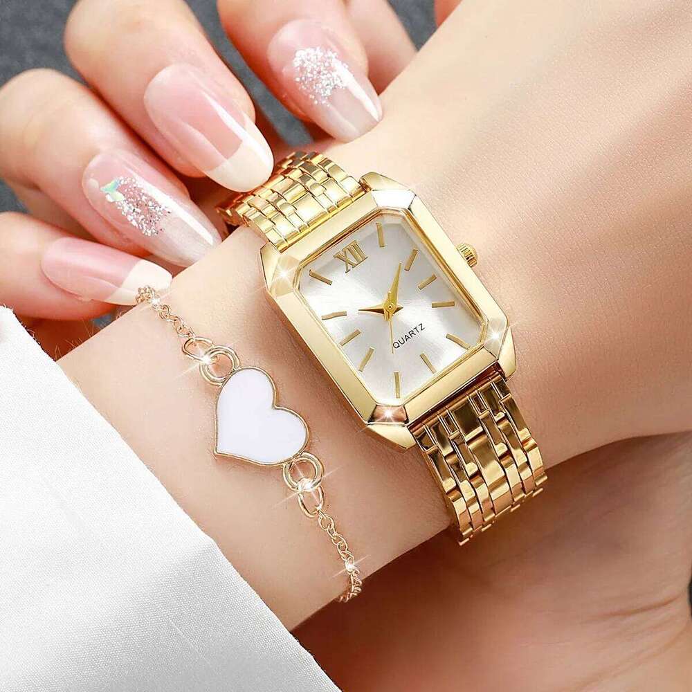 2PCS/Set Fashion Rectangle Women Quartz es Roma Dial Ladies Wrist Heart Jewelry Set Reloj Mujer Without Box H260228