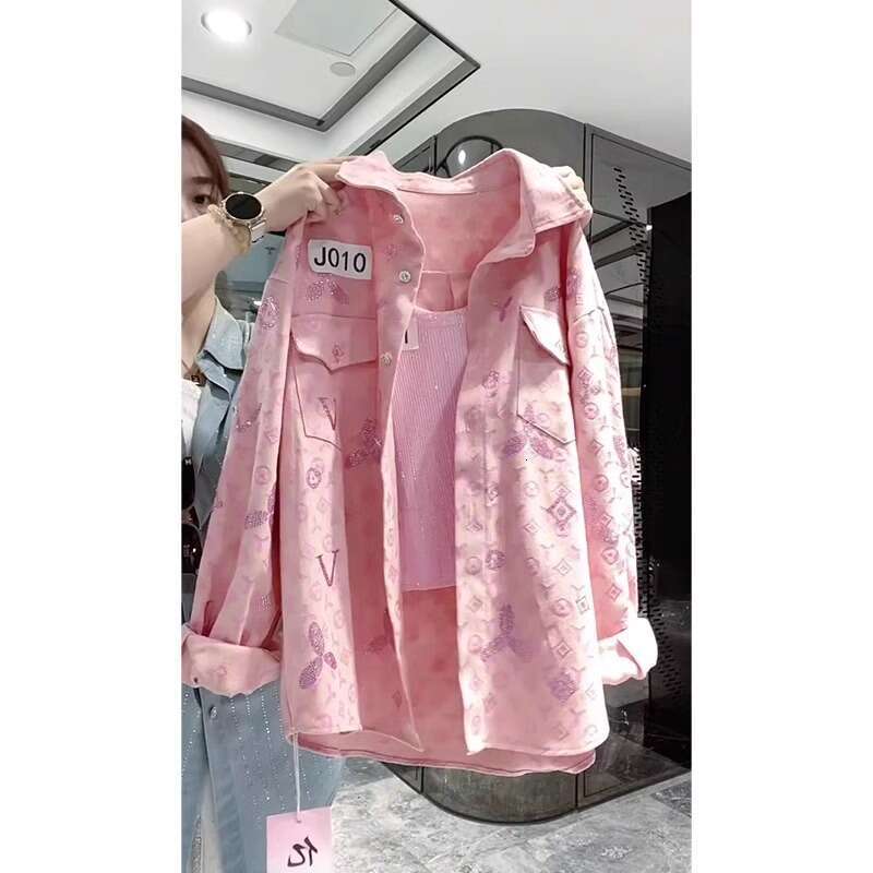 Heavy-Duty Rhinestone Pink Lapel Style New Denim Shirt Jacket Women, 2025 Spring/Summer New Casual Cardigan For Petite Women